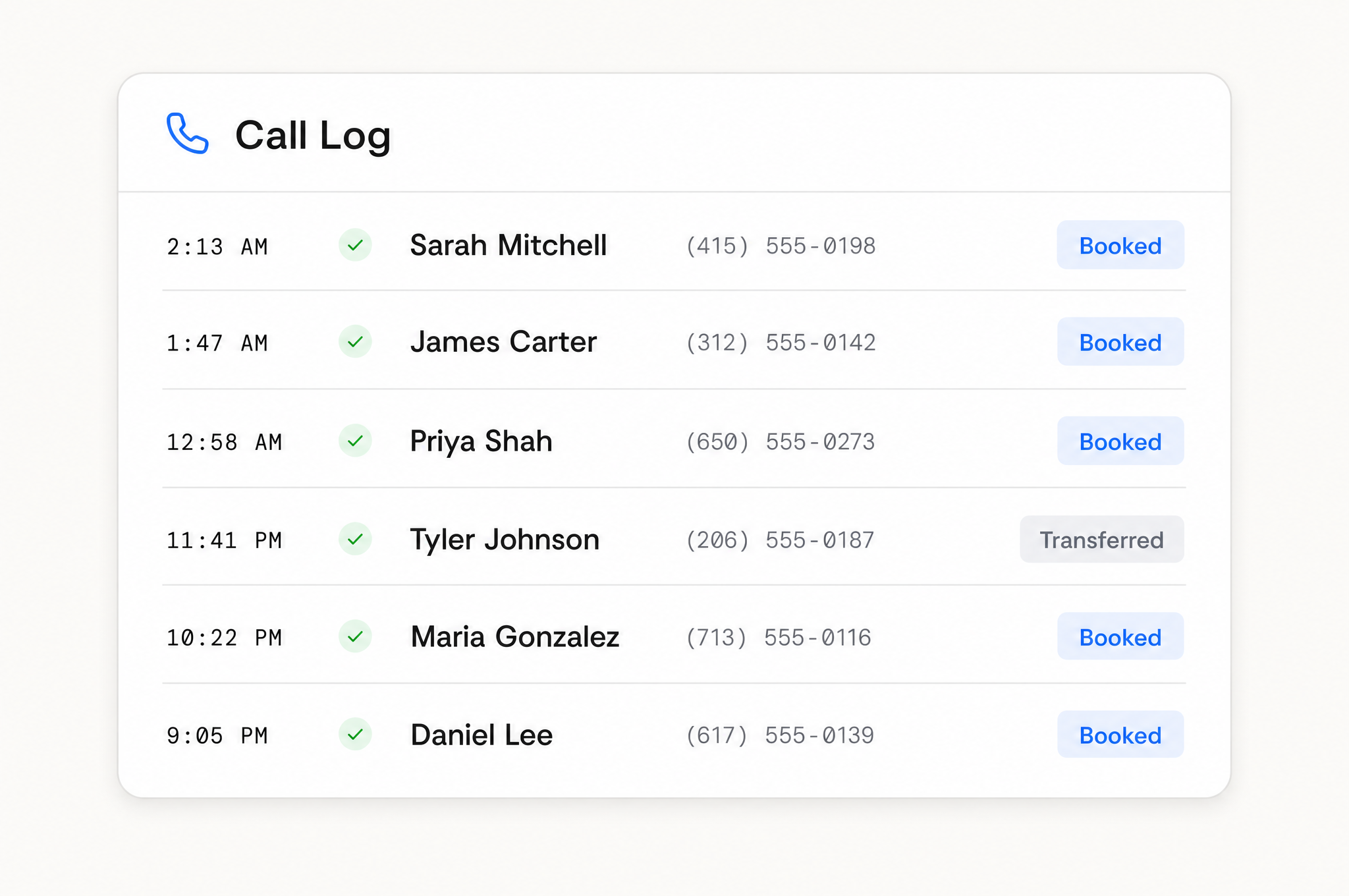 LexusVoice call log showing after-hours calls answered and booked